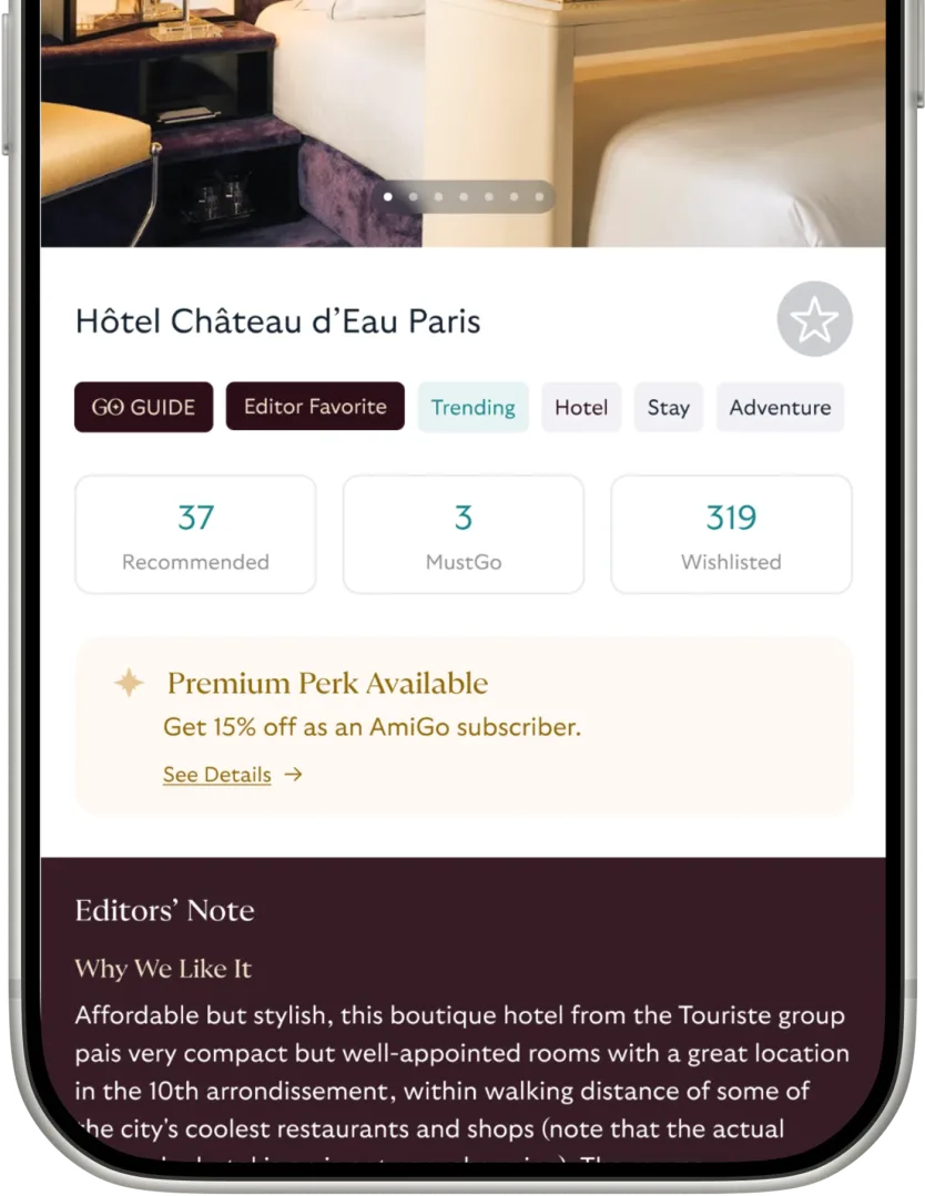 AmiGo hotel page with a premium perk available